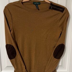 Lauren Ralph Lauren Size XS Long Sleeve Crewneck Top with Brown Elbow Patches